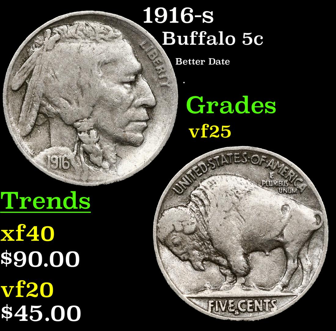 1916-s Buffalo Nickel 5c Grades vf+ (1 of 3)
