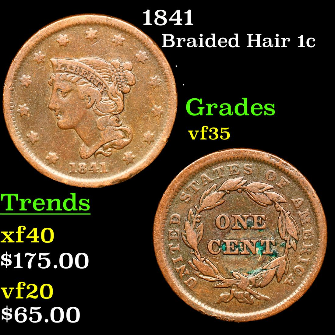1841 Braided Hair Large Cent 1c Grades vf++ (1 of 3)