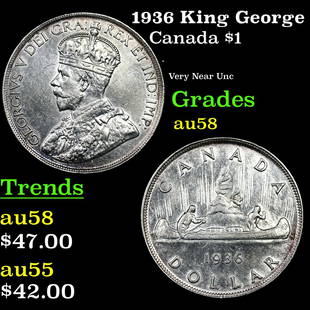 1936 King George V Canada 1 Dollar $1 Dollar $1 KM-31 Grades Choice AU/BU Slider: 1936 King George V Canada 1 Dollar $1 KM-31 Dollar $1 Grades Choice AU/BU Slider. King George V (George Frederick Ernest Albert; 3 June 1865 – 20 January 1936) was King of the United Kingdom an