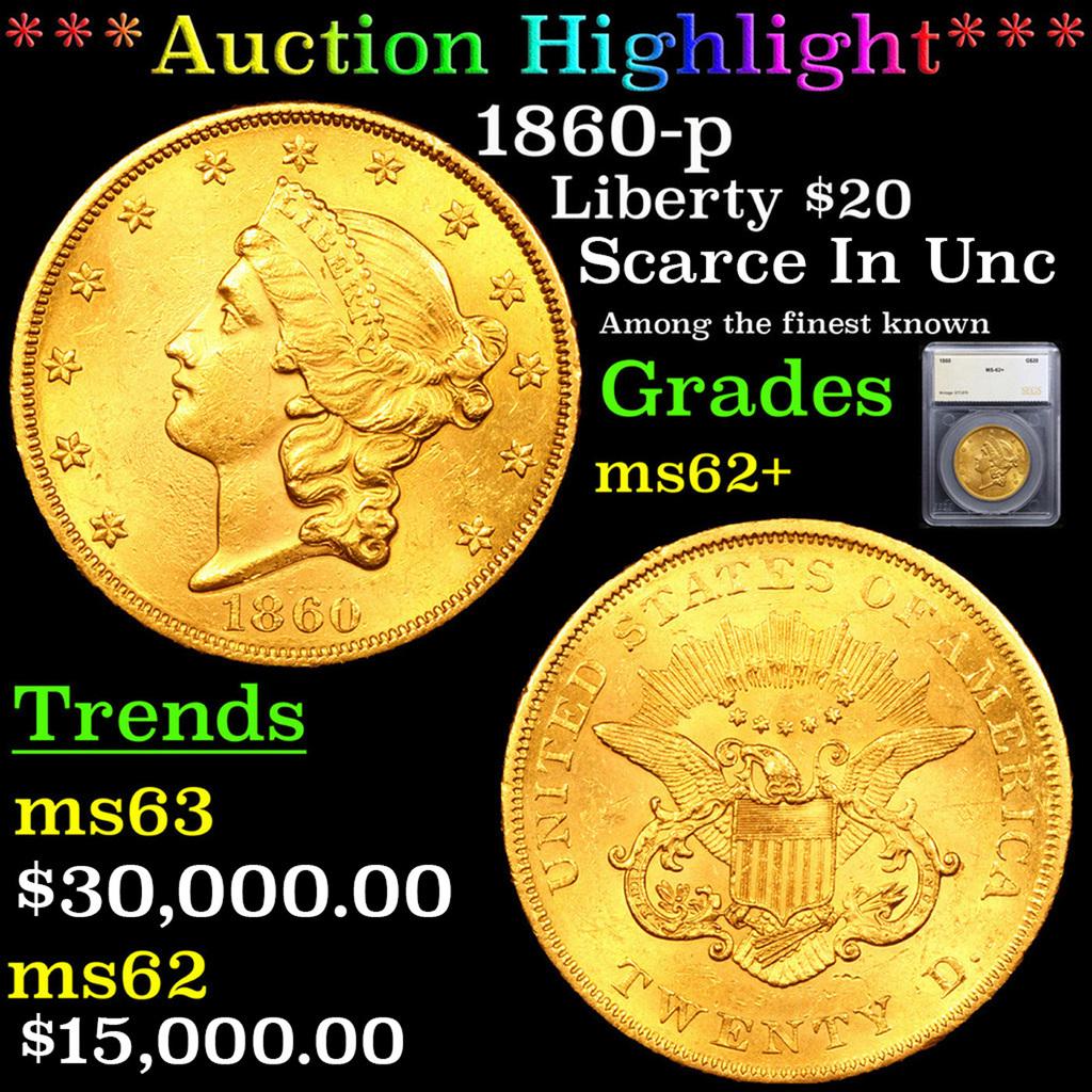 ***Auction Highlight*** 1860-p Gold Liberty Double Eagle 20 Graded ms62+ By SEGS (fc) (1 of 5)