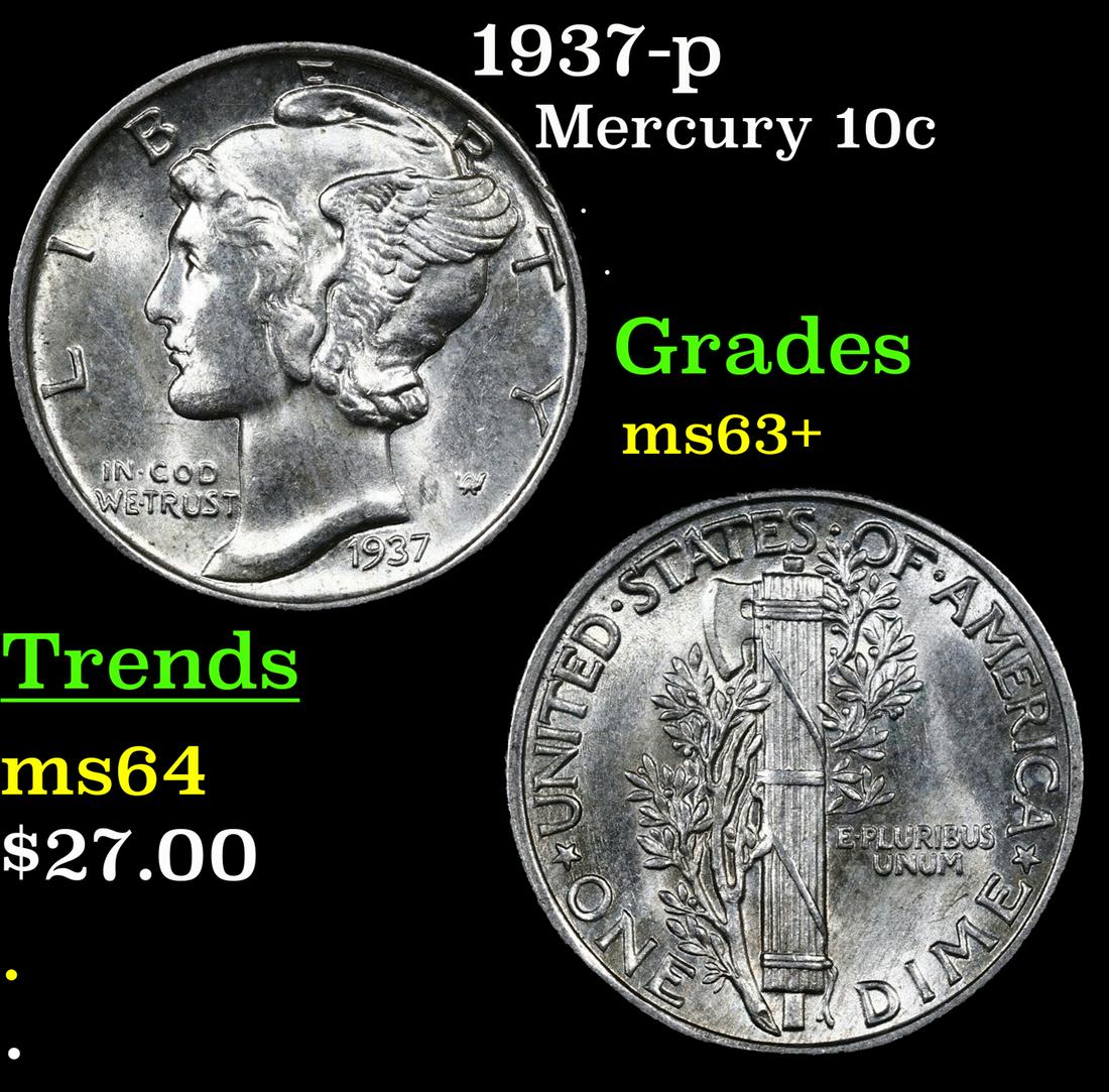 1937-p Mercury Dime 10c Grades Select+ Unc (1 of 3)
