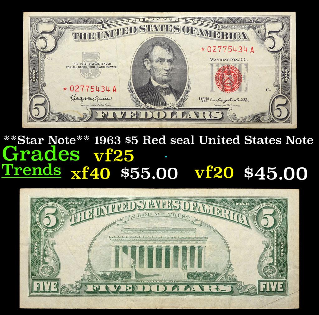 **Star Note** 1963 $5 Red seal United States Note Grades vf+ (1 of 3)