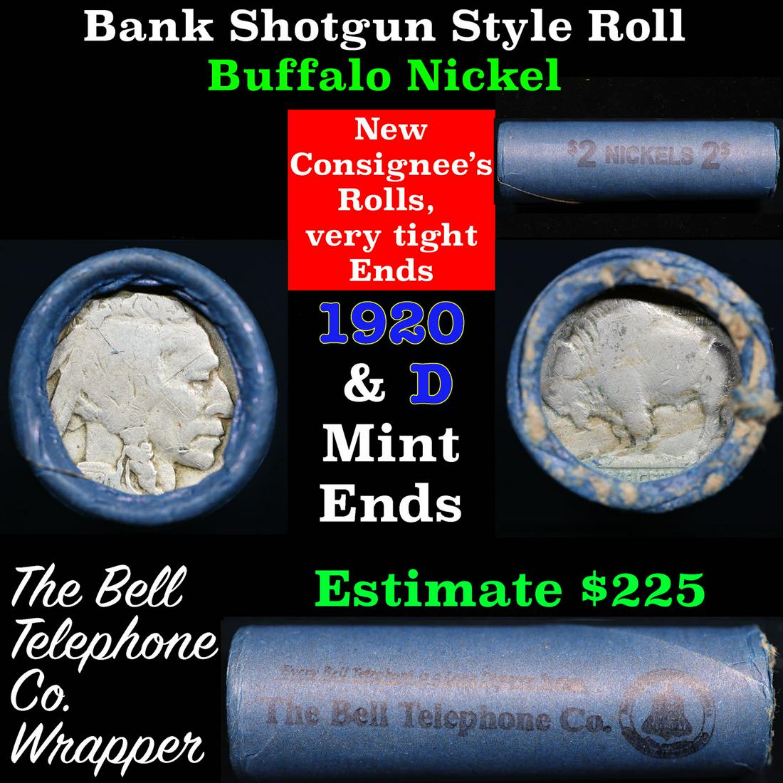 Buffalo Nickel Shotgun Roll in Old Bank Style 'Bell Telephone'  Wrapper 1920 & d Mint Ends (1 of 5)