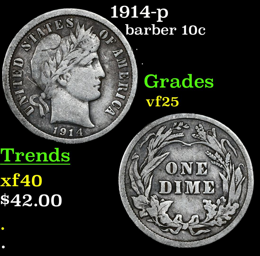 1914-p Barber Dime 10c Grades vf+ (1 of 3)