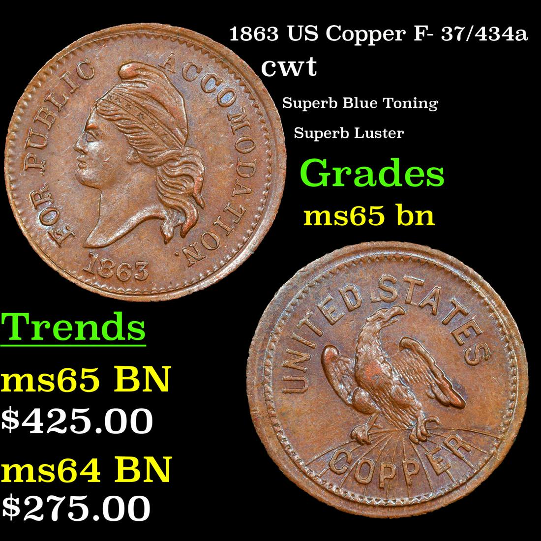 1863 US Copper Civil War Token F- 37/434a 1c Grades GEM Unc BN (1 of 3)