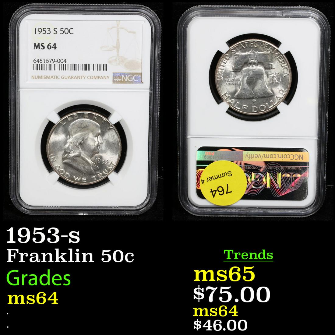 NGC 1953-s Franklin Half Dollar 50c Graded ms64 By NGC (1 of 3)