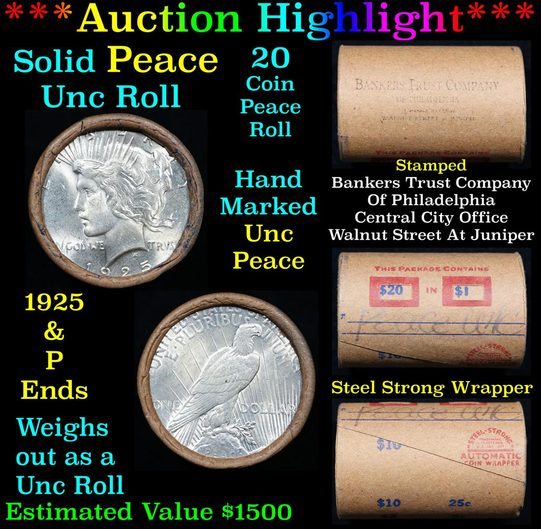 ***Auction Highlight*** Solid Uncirculated Peace silver dollar roll 1925 & P Ends, 20 coins (fc) (1 of 6)