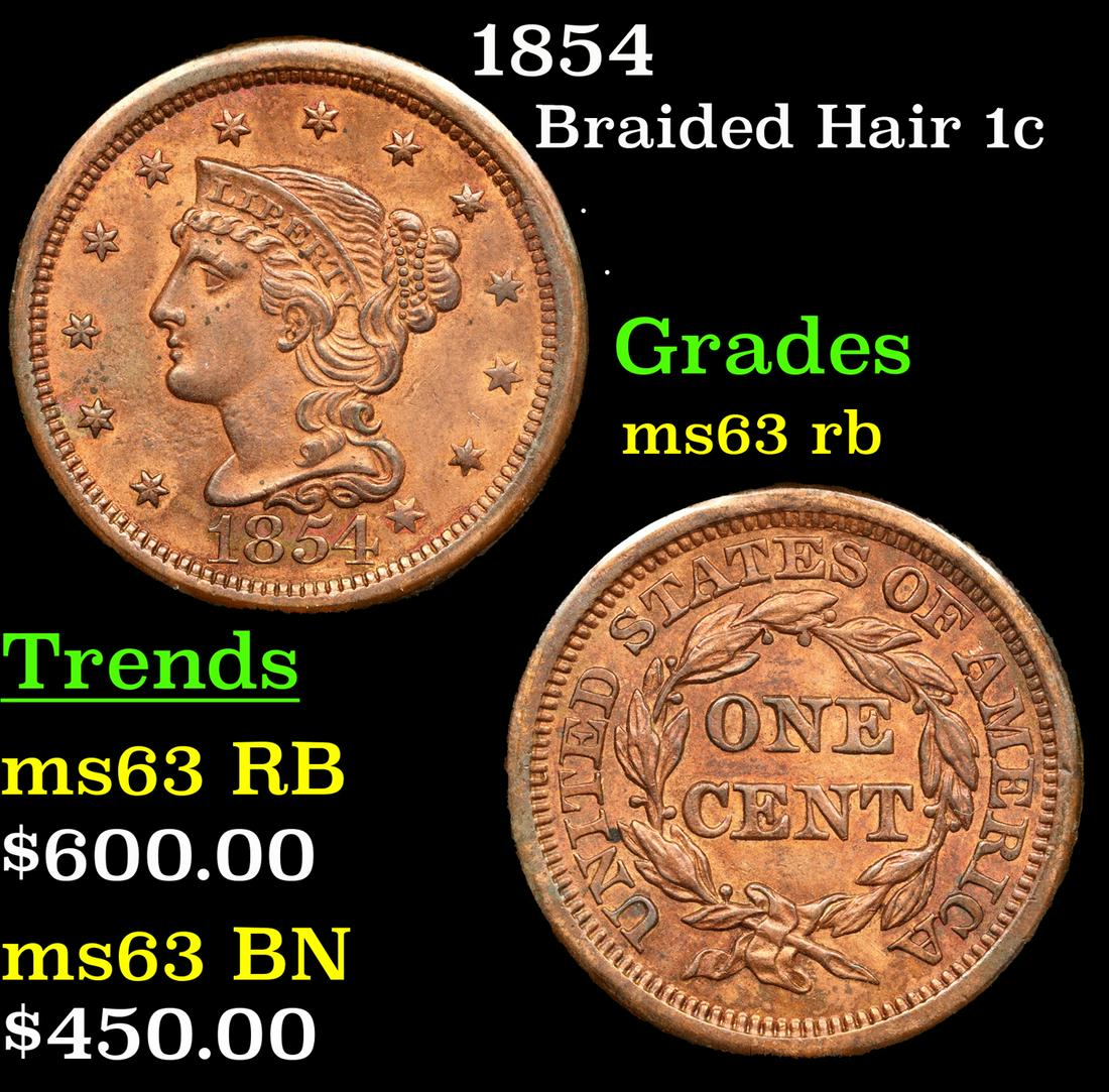 1854 Braided Hair Large Cent 1c Graded ms63 rb By SEGS (1 of 5)