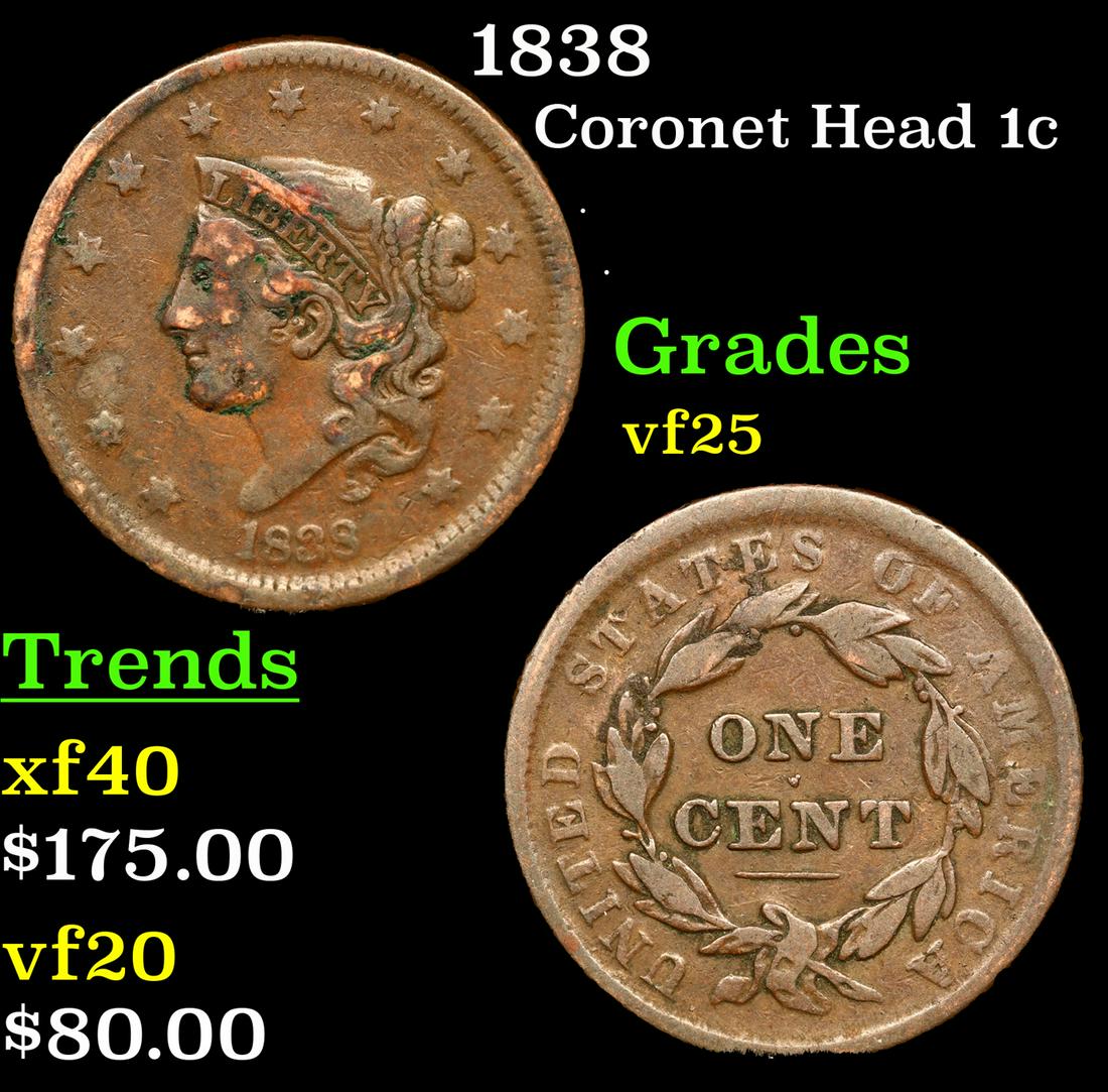 1838 Coronet Head Large Cent 1c Grades vf+ (1 of 3)
