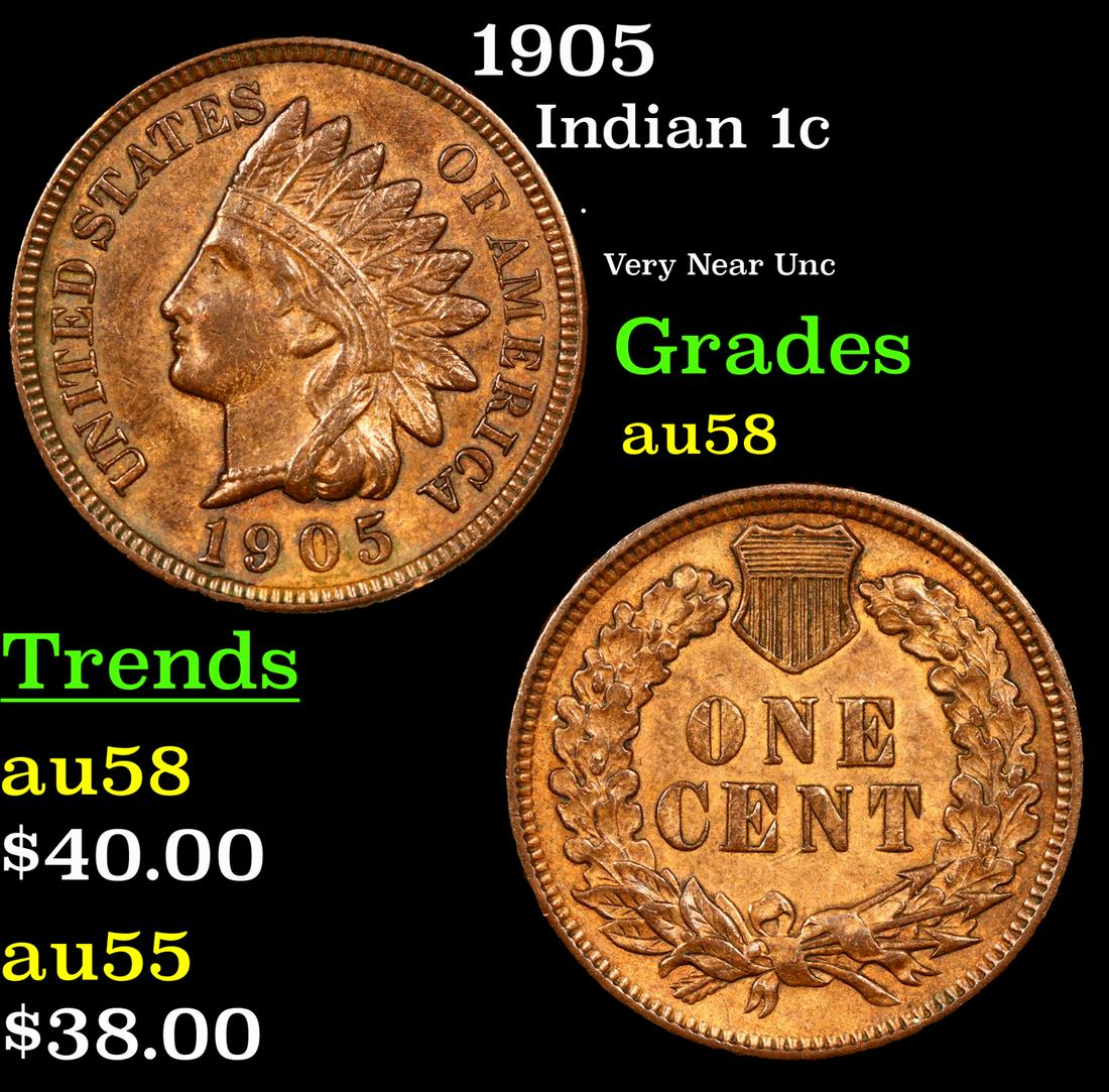 1905 Indian Cent 1c Grades Choice AU/BU Slider (1 of 3)