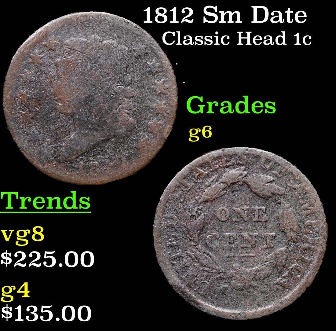 1812 Sm Date Classic Head Large Cent 1c Grades g+ (1 of 3)