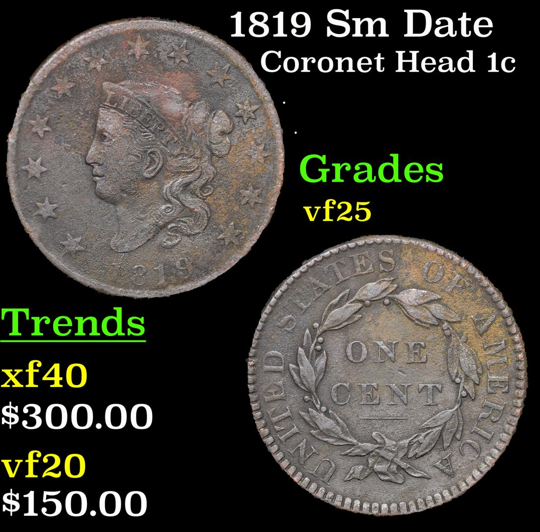 1819 Sm Date Coronet Head Large Cent 1c Grades vf+ (1 of 3)