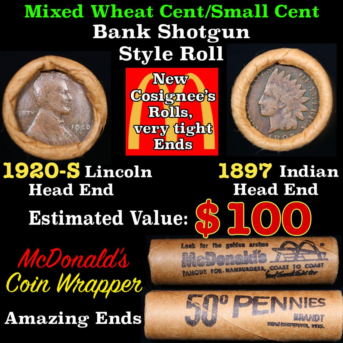 Mixed small cents 1c orig shotgun roll, 1920-s Wheat Cent, 1897 Indian Cent other end, McDonalds (1 of 5)