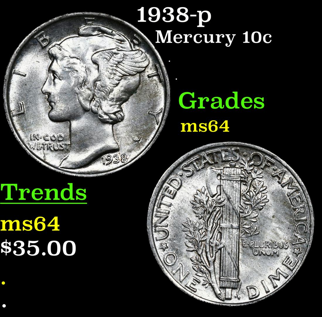 1938-p Mercury Dime 10c Grades Choice Unc (1 of 3)