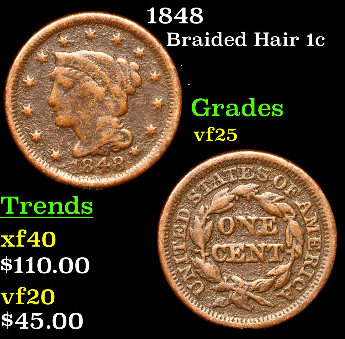 1848 Braided Hair Large Cent 1c Grades vf+ (1 of 3)