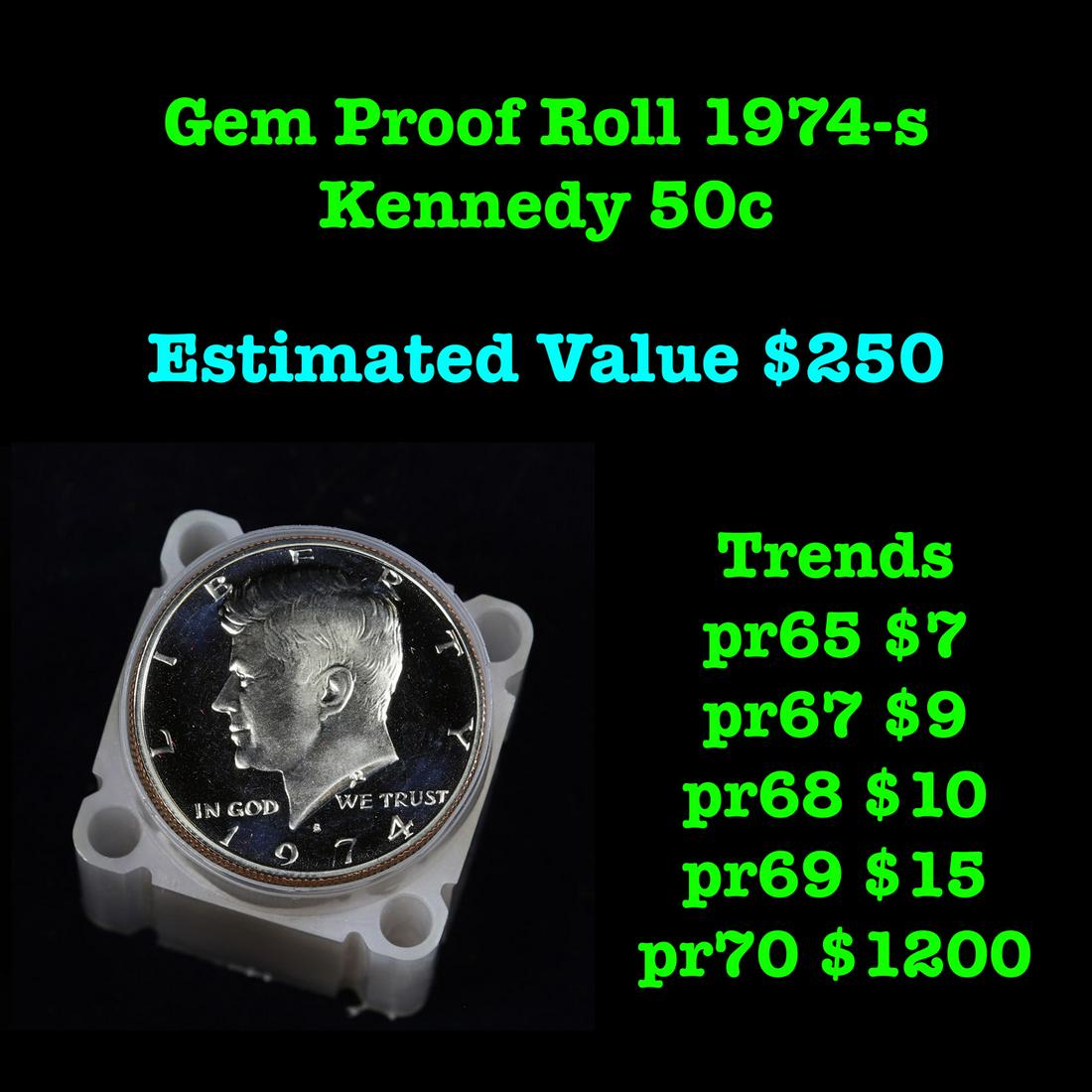 Full roll of Proof 1974-s Clad Kennedy 50c, 20 Coins total Kennedy Half Dollar 50c (1 of 2)