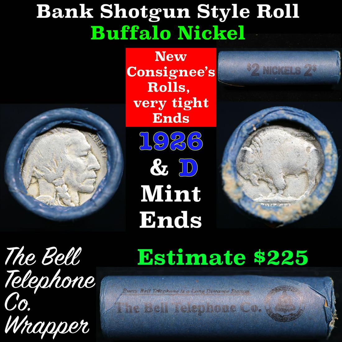 Buffalo Nickel Shotgun Roll in Old Bank Style 'Bell Telephone'  Wrapper 1926 & d Mint Ends (1 of 5)