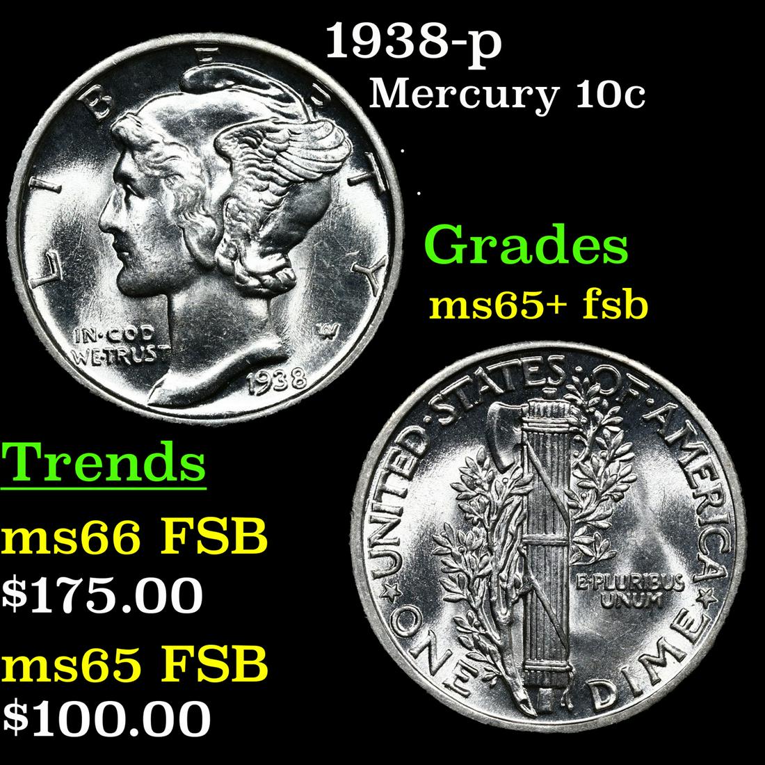 1938-p Mercury Dime 10c Grades GEM+ FSB (1 of 3)