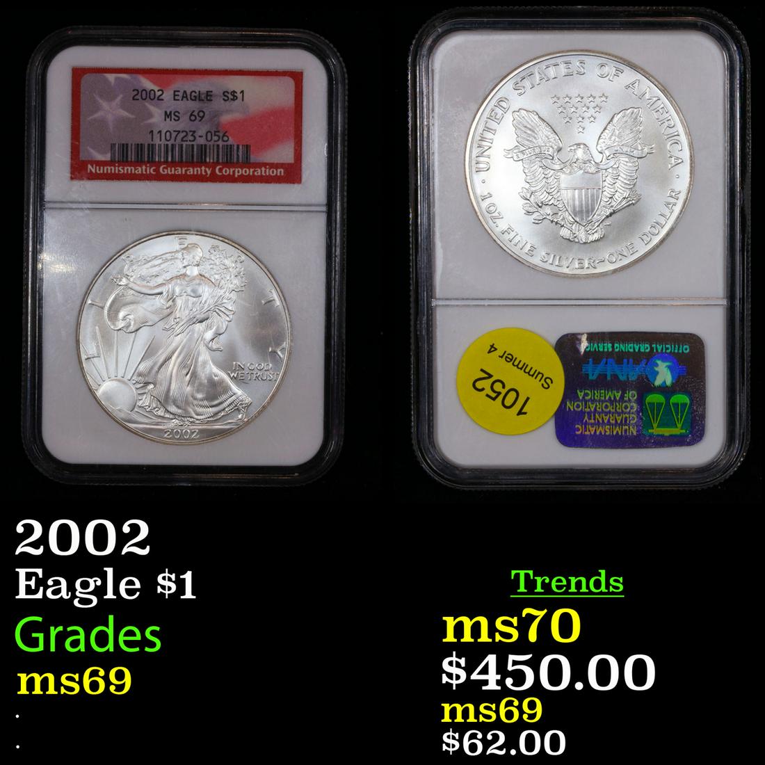 NGC 2002 Silver Eagle Dollar $1 Graded ms69 By NGC (1 of 3)