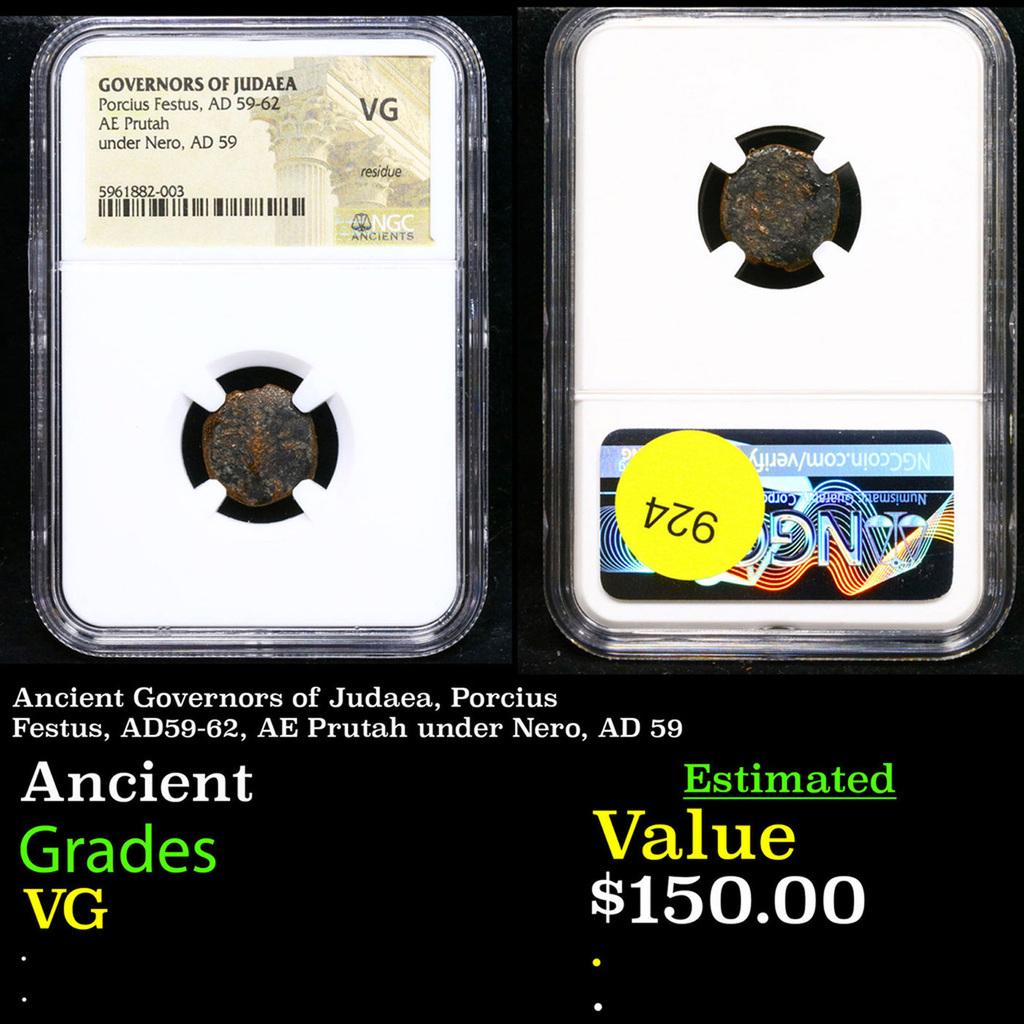 NGC Ancient Governors of Judaea, Porcius Festus, AD59-62, AE Prutah under Nero, AD 59 Graded VG By (1 of 3)