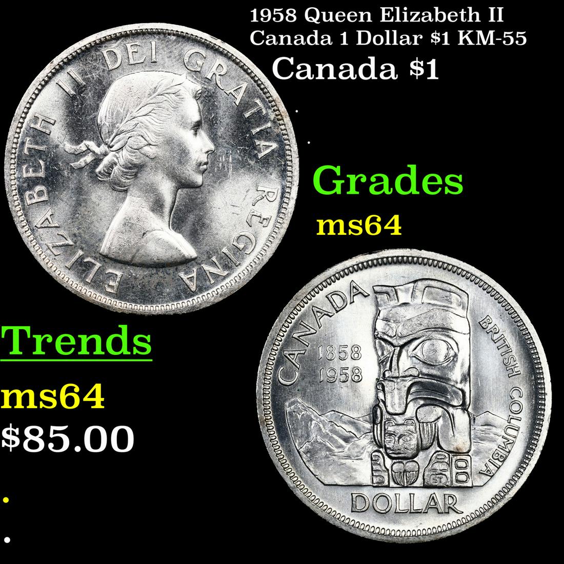 1958 Queen Elizabeth II Canada 1 Dollar $1 Dollar $1 KM-55 Grades Choice Unc (1 of 3)