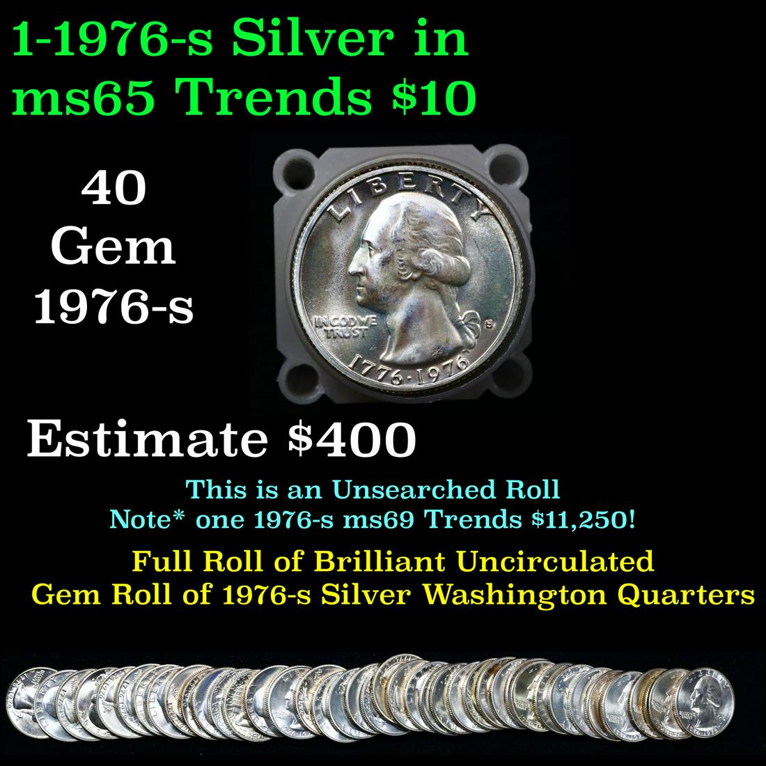 Full Roll of Bi-Centennial Silver 1976-s Washington 25c, 40 coins total. (1 of 3)
