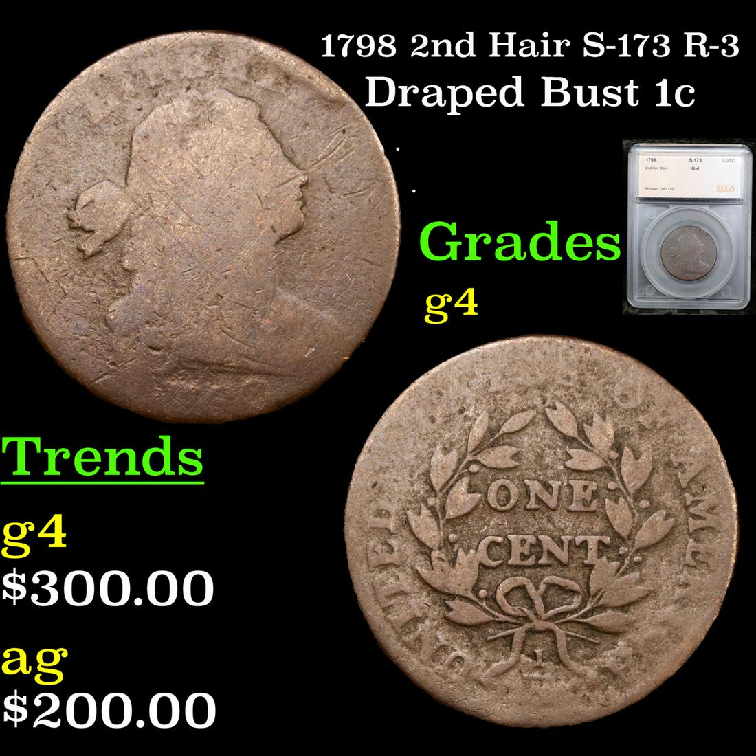 1798 2nd Hair Draped Bust Large Cent S-173 R-3 1c Graded g4 By SEGS (1 of 5)