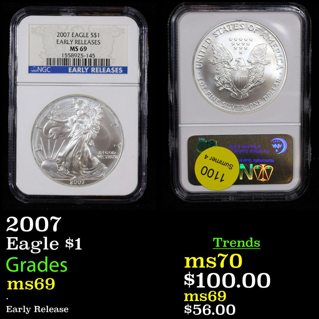 NGC 2007 Silver Eagle Dollar $1 Graded ms69 By NGC (1 of 3)