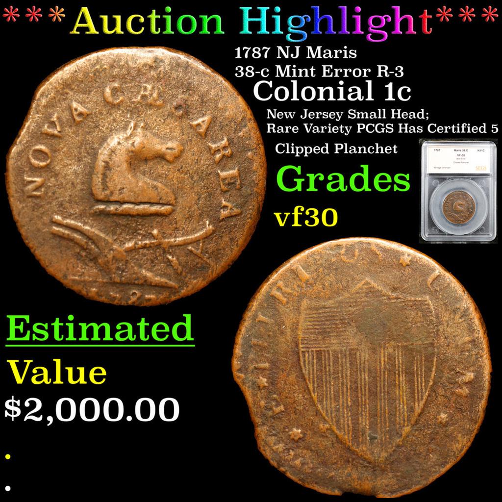 ***Auction Highlight*** 1787 NJ Colonial Cent Maris 38-c Mint Error R-3 1c Graded vf30 By SEGS (fc) (1 of 5)