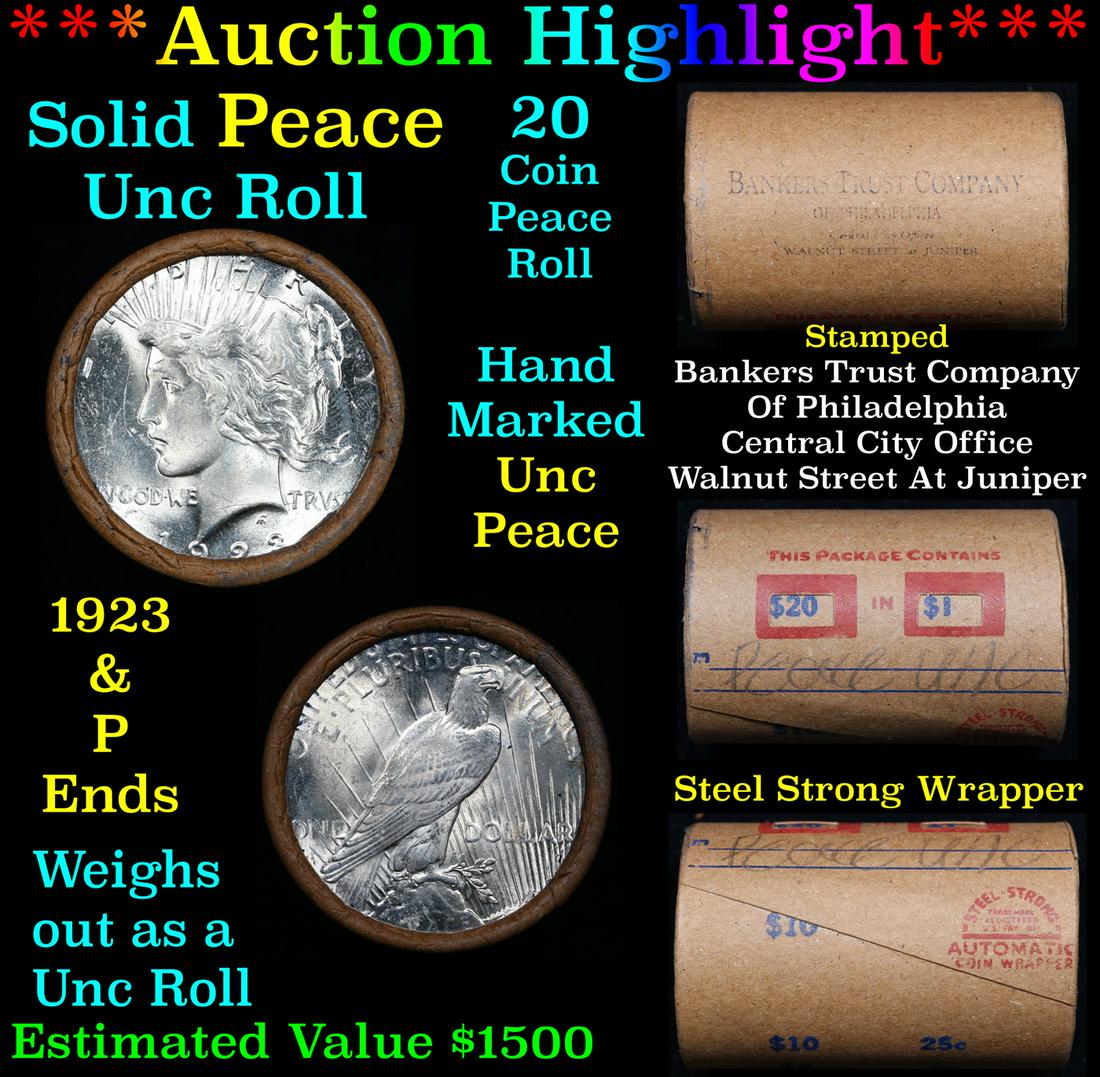 ***Auction Highlight*** Solid Uncirculated Peace silver dollar roll 1923 & P Ends, 20 coins (fc) (1 of 6)