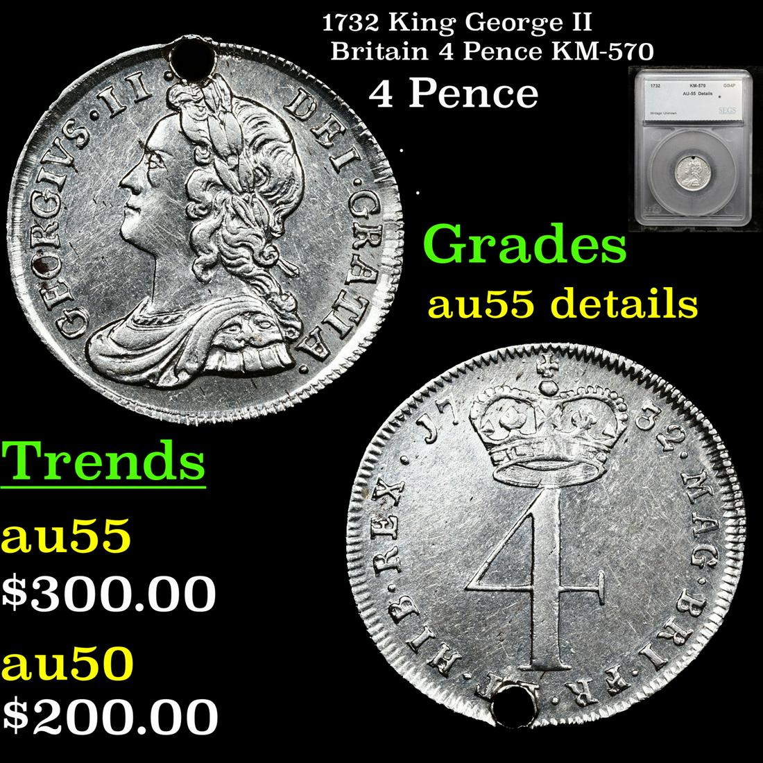 1732 King George II Britain 4 Pence KM-570 Grades au55 details By SEGS (1 of 5)