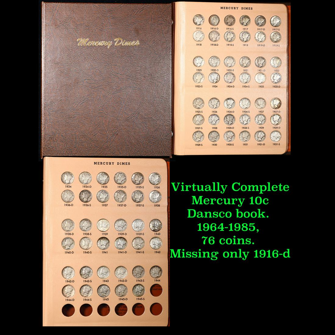 Virtually Complete Mercury 10c Dansco book. 1964-1985, 76 coins. Missing only 1916-d (1 of 4)