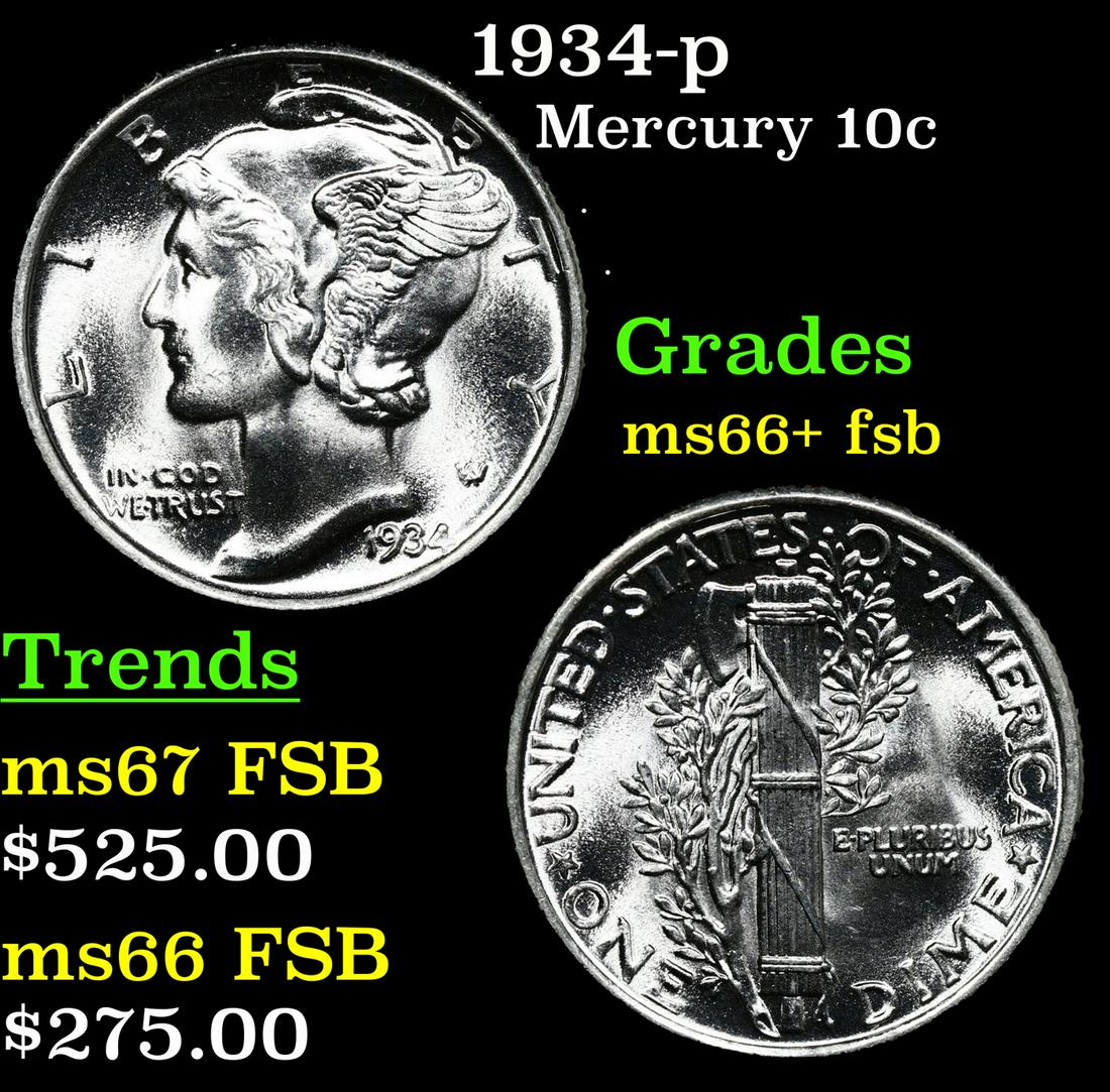 1934-p Mercury Dime 10c Grades GEM++ FSB (1 of 3)
