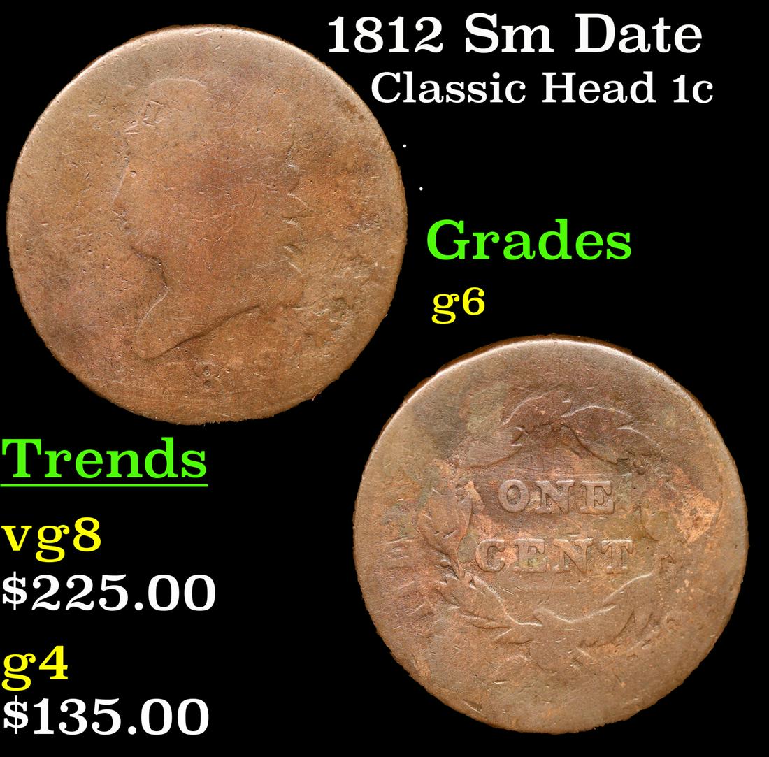 1812 Sm Date Classic Head Large Cent 1c Grades g+ (1 of 3)
