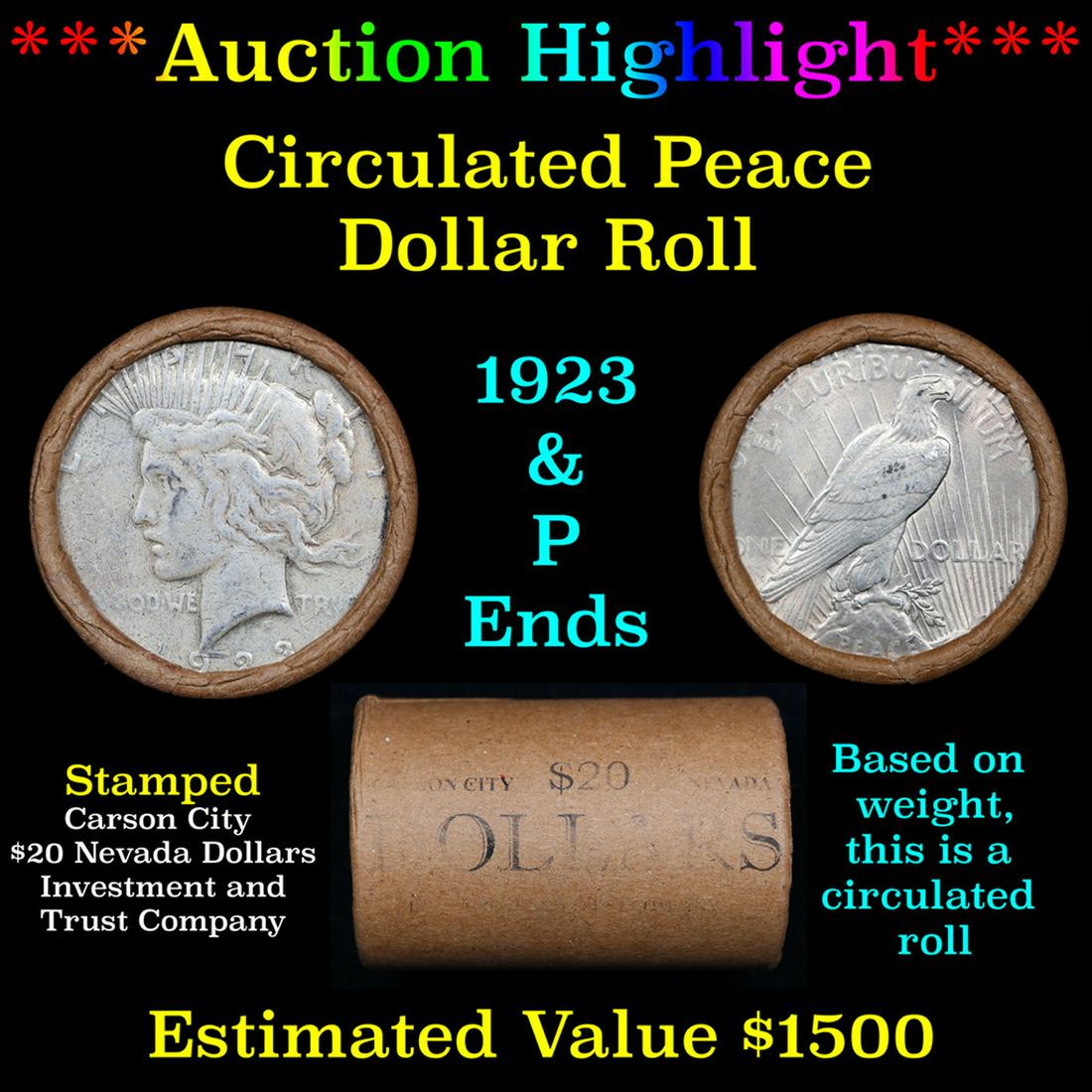 ***Auction Highlight*** Full solid Carson City silver dollar roll, 20 coin 1923 & 'P' Ends (fc) (1 of 4)