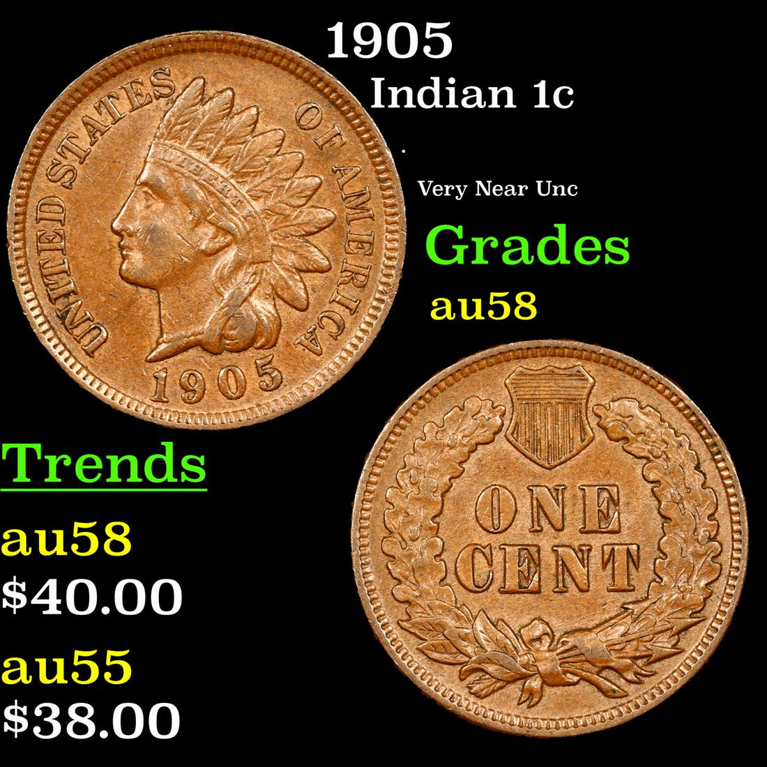 1905 Indian Cent 1c Grades Choice AU/BU Slider (1 of 3)