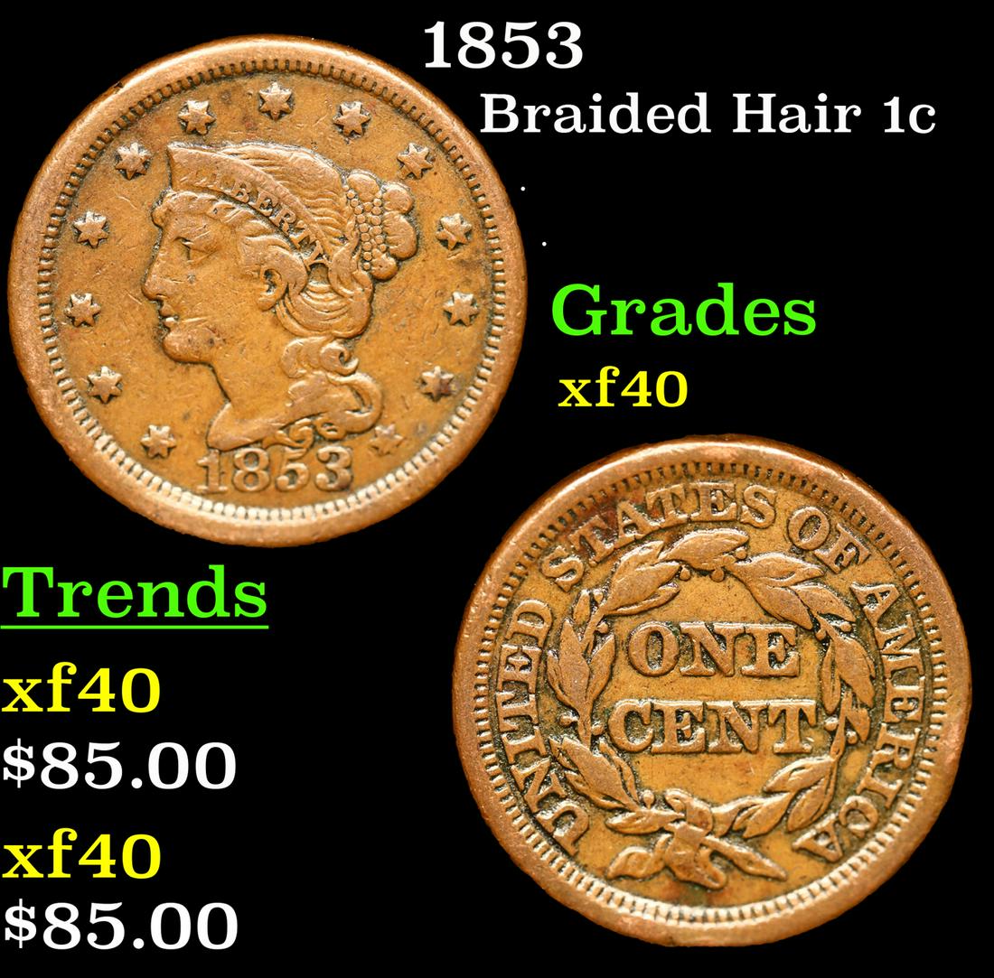 1853 Braided Hair Large Cent 1c Grades xf (1 of 3)