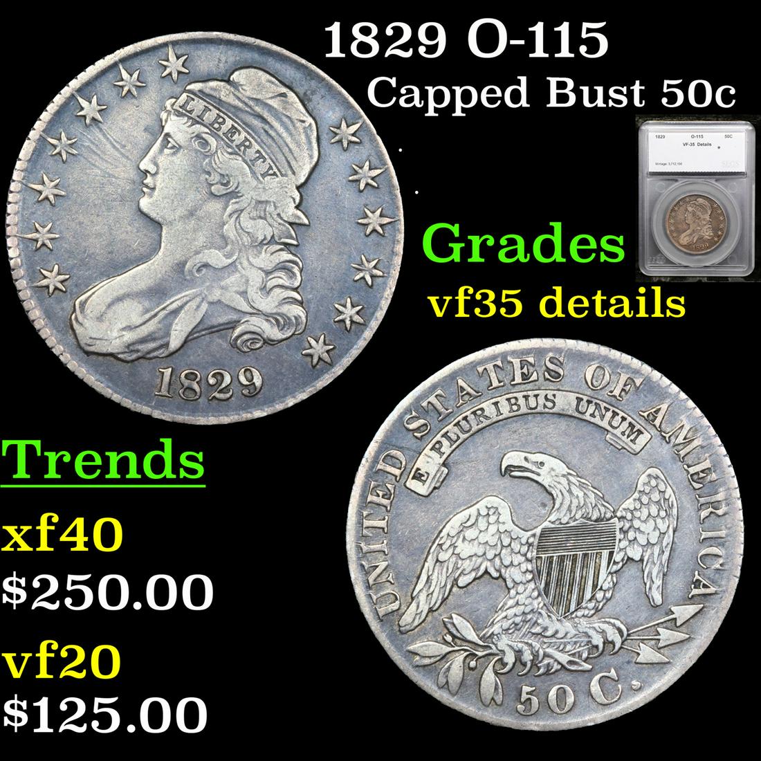 1829 Capped Bust Half Dollar O-115 50c Graded vf35 details By SEGS (1 of 5)
