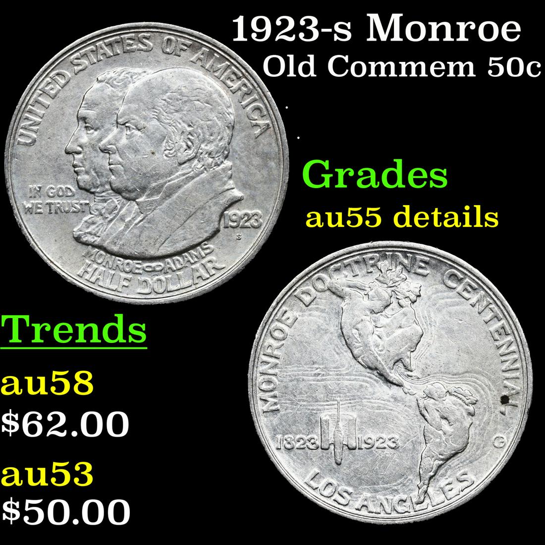 1923-s Monroe Old Commem Half Dollar 50c Grades AU Details (1 of 3)
