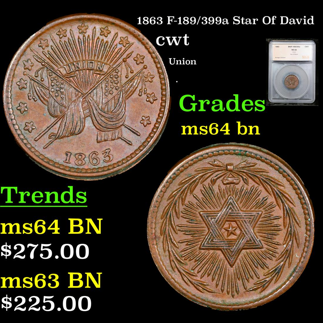 1863 Civil War Token F-189/399a Star Of David 1c Grades ms64 bn By SEGS (1 of 5)