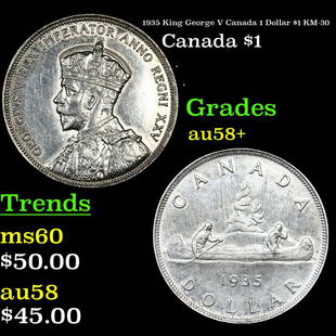 1935 King George V Canada 1 Dollar $1 Dollar $1 KM-30 Grades Choice AU/BU Slider+: 1935 King George V Canada 1 Dollar $1 KM-30 Dollar $1 Grades Choice AU/BU Slider+. King George V (George Frederick Ernest Albert; 3 June 1865 – 20 January 1936) was King of the United Kingdom a