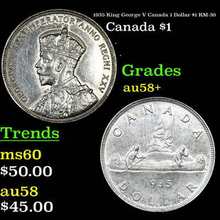 1935 King George V Canada 1 Dollar $1 Dollar $1 KM-30 Grades Choice AU/BU Slider+: 1935 King George V Canada 1 Dollar $1 KM-30 Dollar $1 Grades Choice AU/BU Slider+. King George V (George Frederick Ernest Albert; 3 June 1865 â€“ 20 January 1936) was King of the United Kingdom a