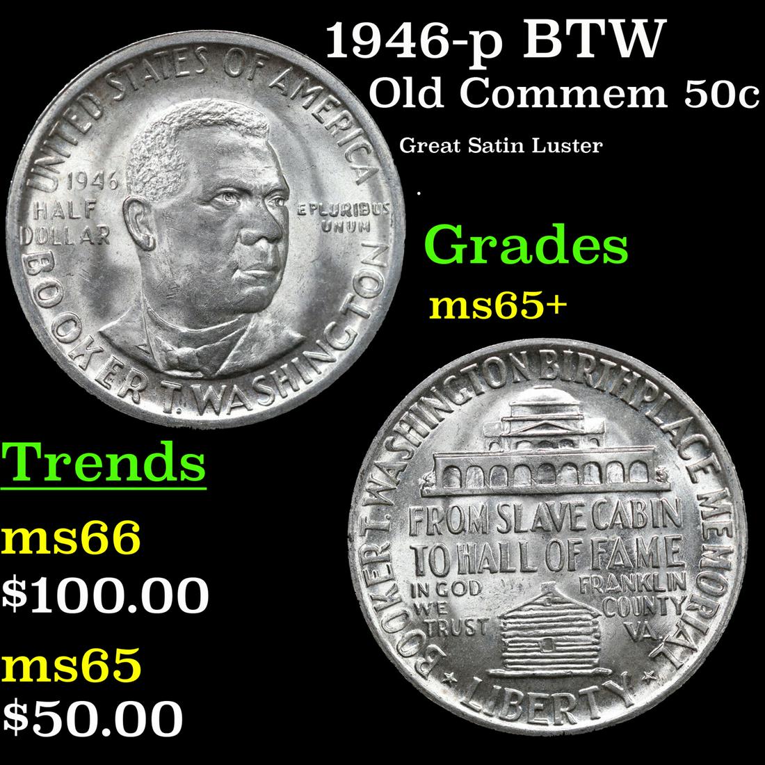 1946-p BTW Old Commem Half Dollar 50c Grades GEM+ Unc (1 of 3)