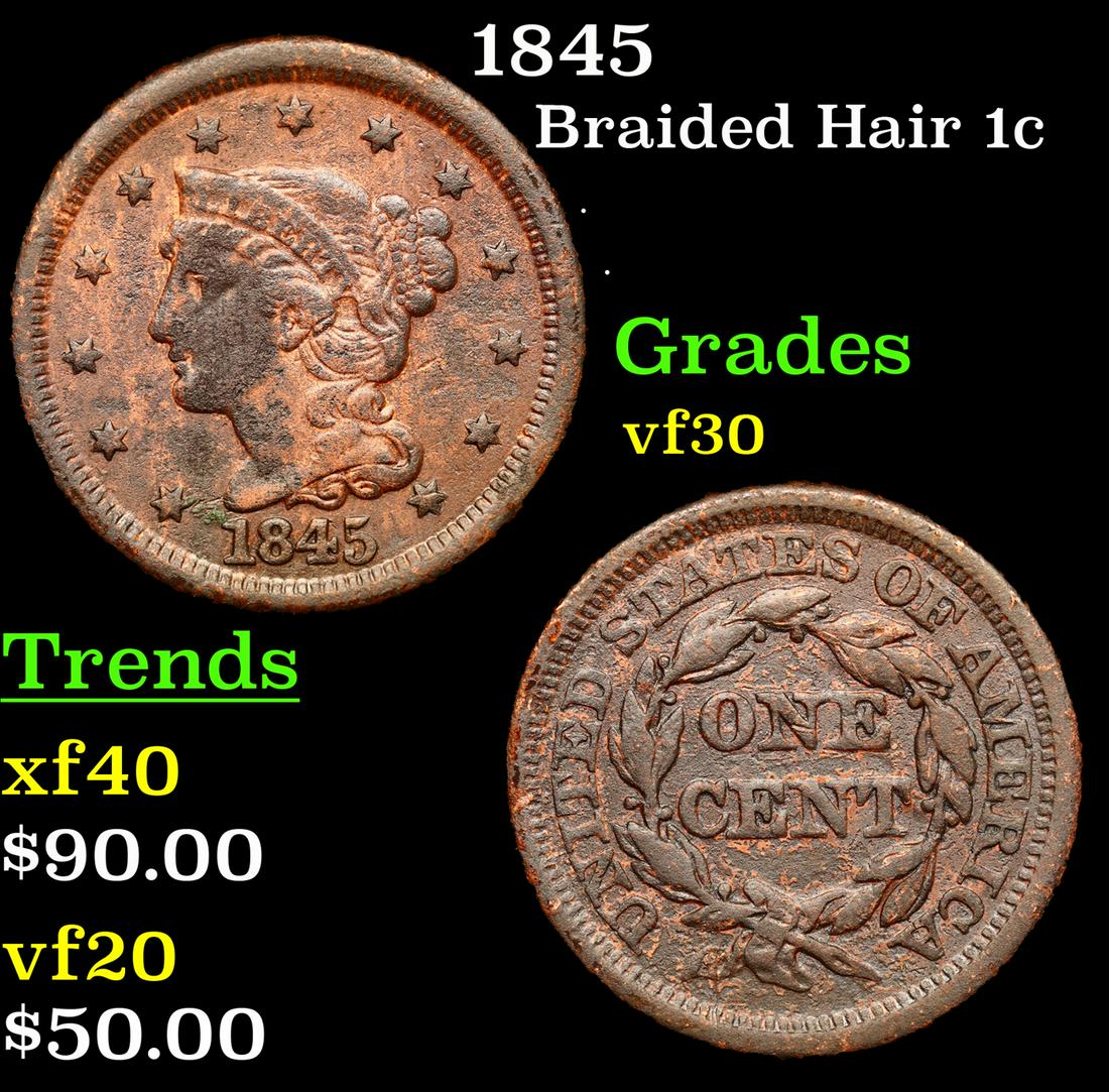 1845 Braided Hair Large Cent 1c Grades vf++ (1 of 3)