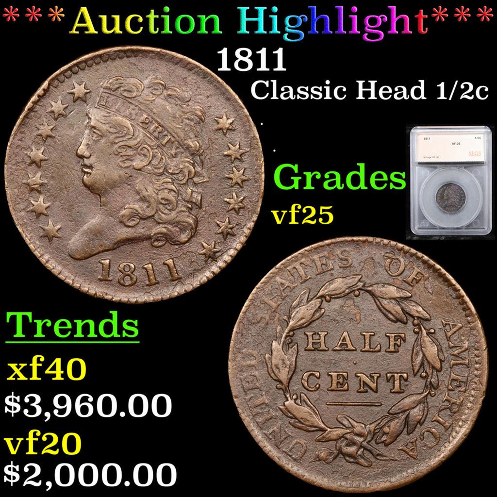 ***Auction Highlight*** 1811 Classic Head Large Cent 1c Graded vf25 By SEGS (fc) (1 of 5)