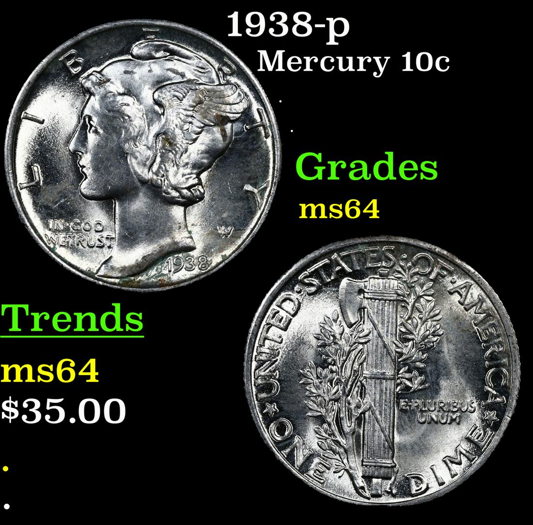 1938-p Mercury Dime 10c Grades Choice Unc (1 of 3)