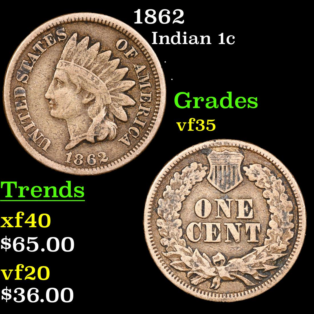 1862 Indian Cent 1c Grades vf++ (1 of 3)