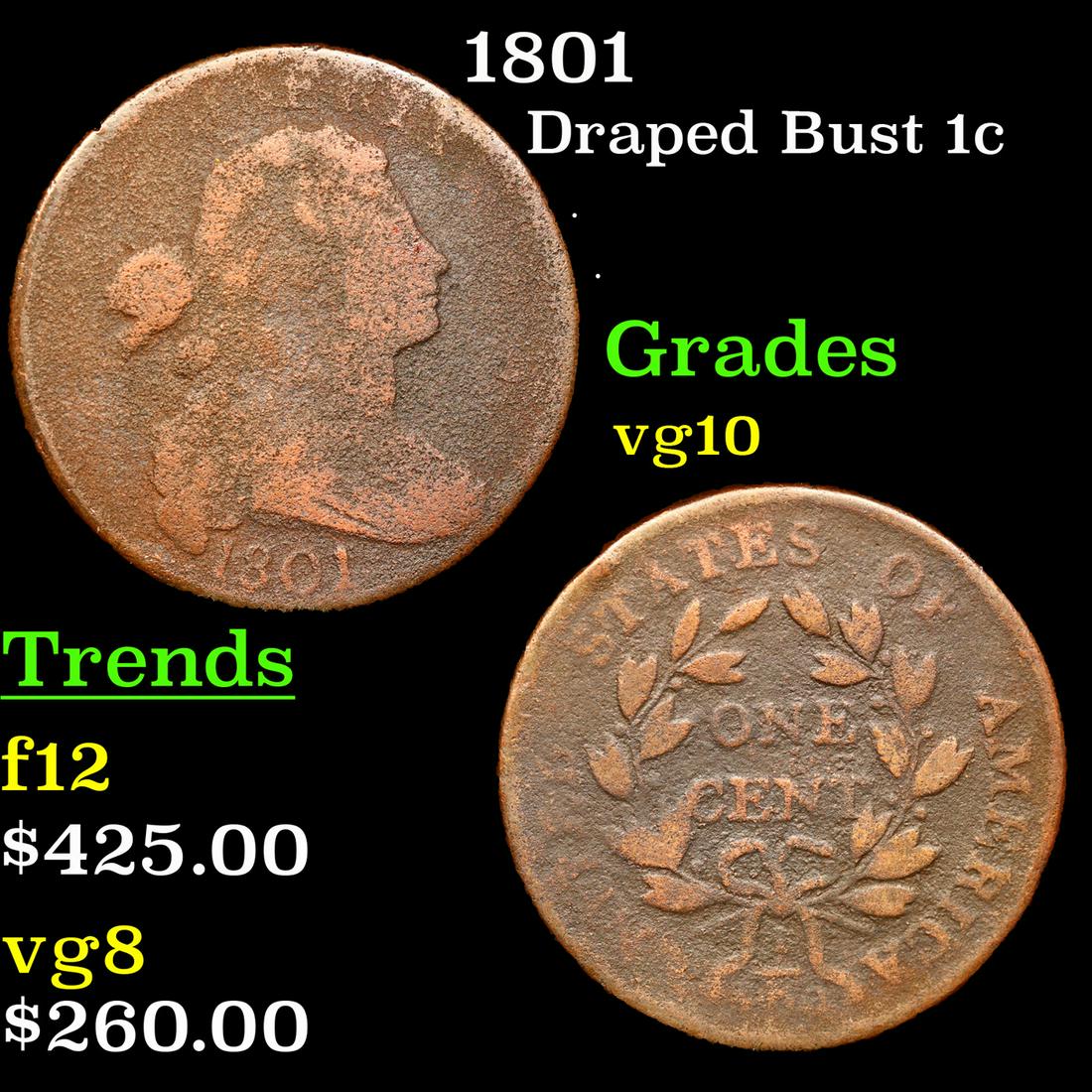 1801 Draped Bust Large Cent 1c Grades vg+ (1 of 3)