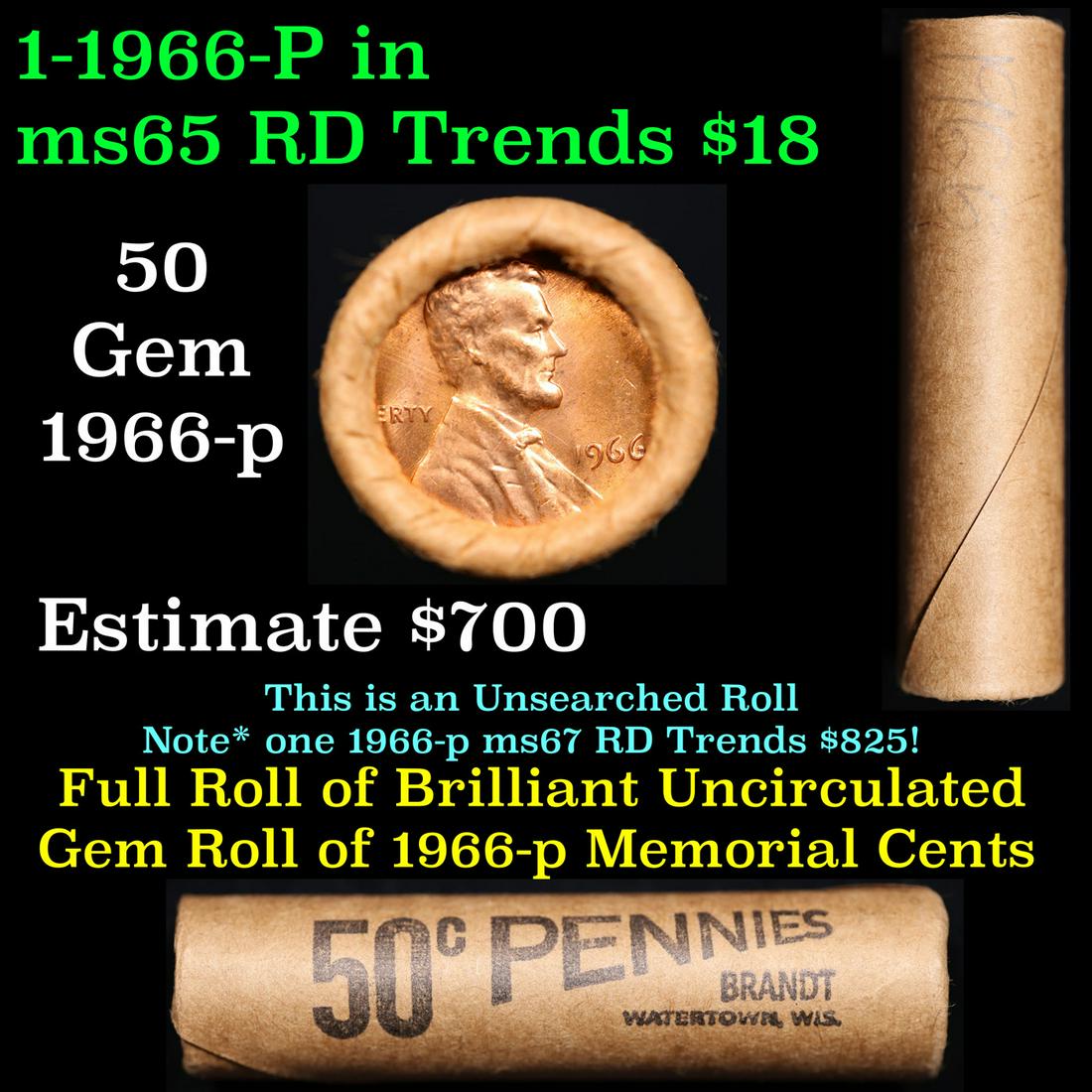 Shotgun Lincoln 1c roll, 1966-p 50 pcs Brandt Wrapper: Shotgun Lincoln 1c roll, 1966-p 50 pcs Brandt Wrapper . A terrific Shotgun roll of Lincoln cents. All coins cherry red. Trends ms65 rd $18