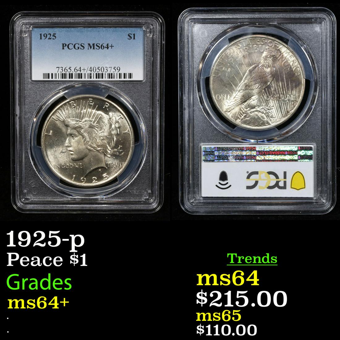 PCGS 1925-p Peace Dollar $1 Graded ms64+ By PCGS (1 of 3)